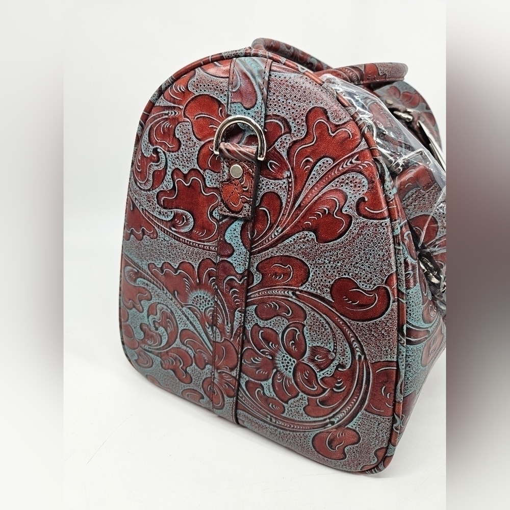 Wilson Leather Pelle Studio HAND TOOLDED Brown & Blue Leather Carry On Duffle - Picture 9 of 12